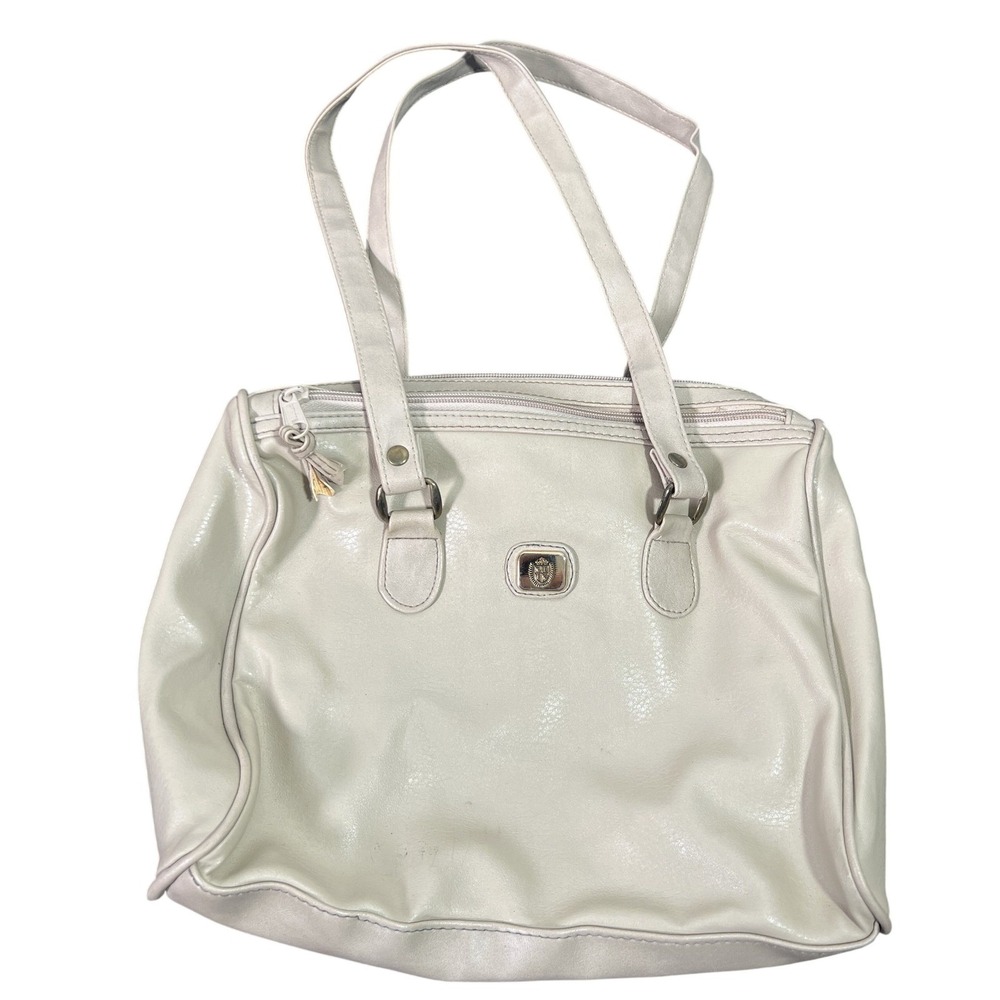 Vintage Style Cream Tote Bag Shoulder Handbag Zipper Closure Gold Tone Emblem